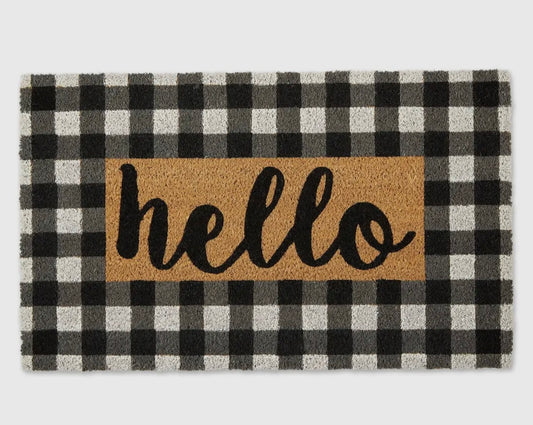 Coir Door Mat- hello Buffalo plaid